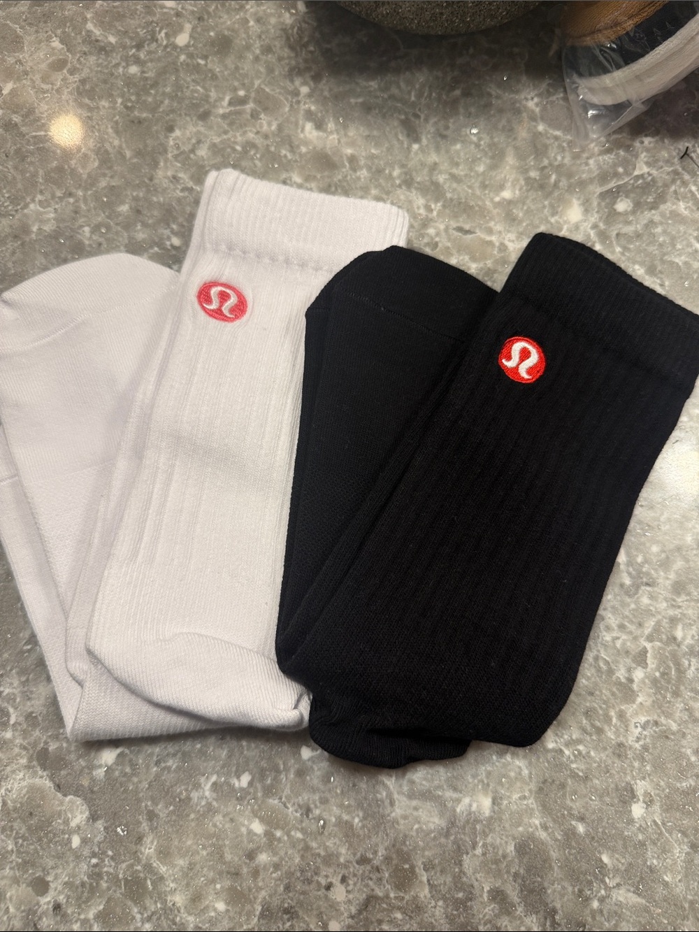 2 pairs lululemon athletica Men's Crew Socks in White and Black with Red Logo